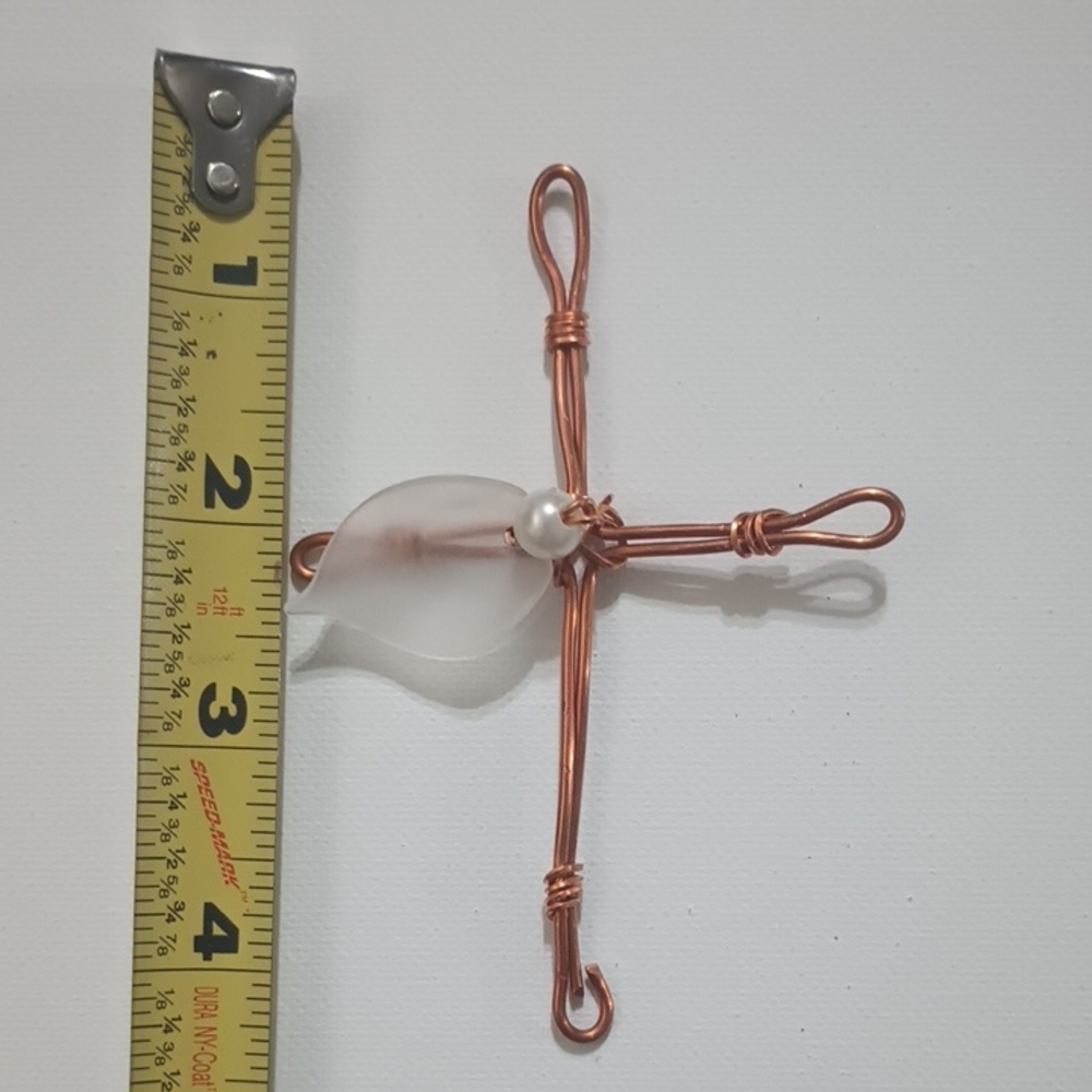 Copper Wire Cross  with Frosted White Leaf and Pearl Like Accent